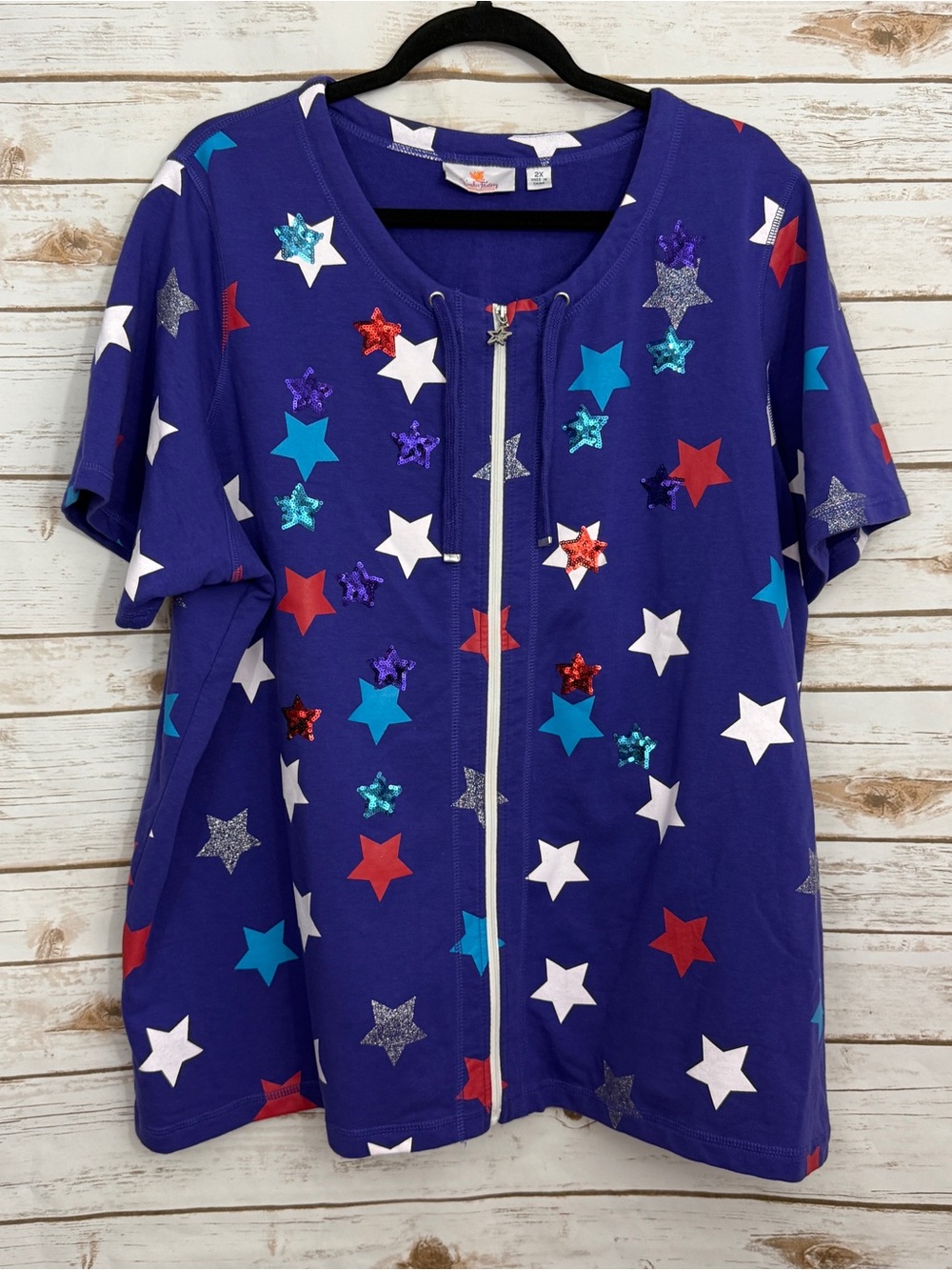 Quacker Factory Red White Blue Star Embellished Zipper Short Sleeve Top 2X